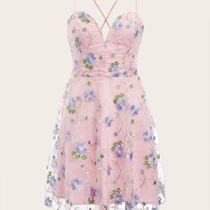 SHEIN Floral Embroidery Mesh Overlay Cami Dress L